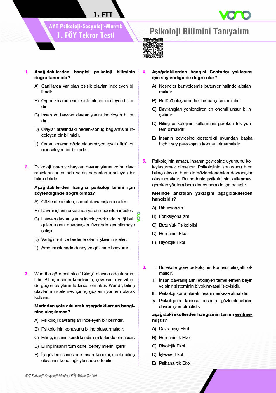AYT Psikoloji - Sosyoloji Mantık Föy Tekrar Testleri
